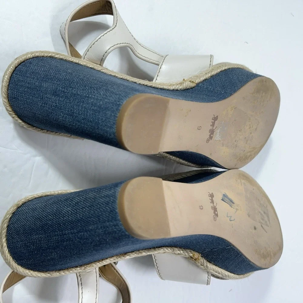 Coach Womens Eaton Chalk Ivory Leather Denim Wedge Platform Sandals Charm 9
